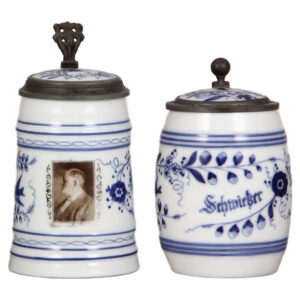 Porcelain steins, two, .5L, Chauncey I. Filley,  & .5L, Schweitzer.