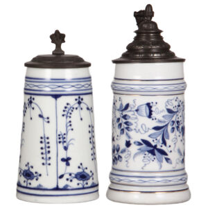 Porcelain steins, two, 1.0L, floral & onion pattern.