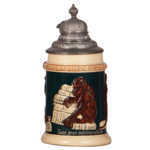 Darwin pottery stein, .5L, monkeys, monkey handle, mint.