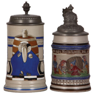 Stoneware steins, two, .5L, transfer & handpainted.
