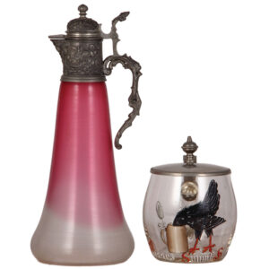 Threaded pitcher & comical rooster glass stein.