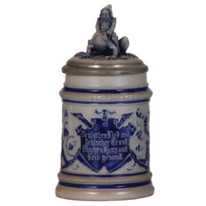 Stoneware stein, .5L, inlaid lid of dwarf riding frog.