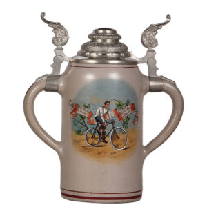 Stoneware stein, 2.0L, marked M. Ruckl, München, bicycle rider.