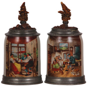 Stoneware steins, pair, .5L, both have scenes at a table.