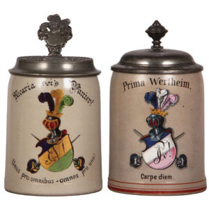 Student Society steins, two, stoneware, .5L, transfer & hand-painted.