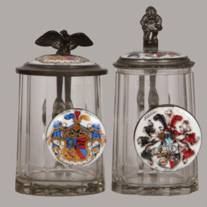Student Society steins, two, glass, .4L, blown, cut, faceted, porcelain inlaid lids.