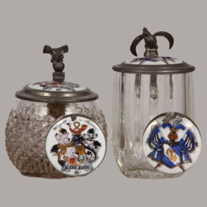 Student Society steins, two, glass, .3L, mold blown, porcelain inlaid lids.