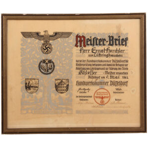 Third Reich Meister-Brief, 18.7" x 15.6",  Düsseldorf, am 9. Mai. 1941. 