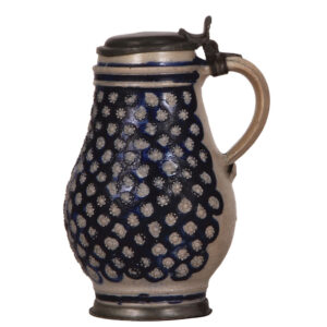 Westerwälder Birnkrug, 1700s, applied relief, blue saltglaze.