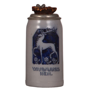 Stoneware stein, 1.0L, by F. Ringer, pewter lid with antler finial.