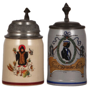 Pottery steins, two, .5L, hand-painted.