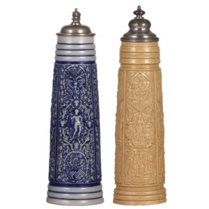 Stoneware steins, two, Siegburg Schnelle style.