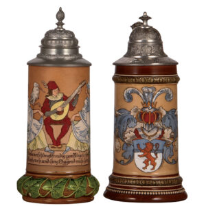Hauber & Reuther steins, two, .5L, etched, marked H.R.